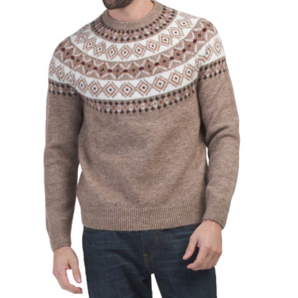 GROVE & HOLLOW Fair Isle Tan Ivory Crew Wool Blend Knit Sweater